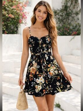 Xhilaration Black Floral Fit & Flare Mini Sundress Adjustable Straps — Size XS